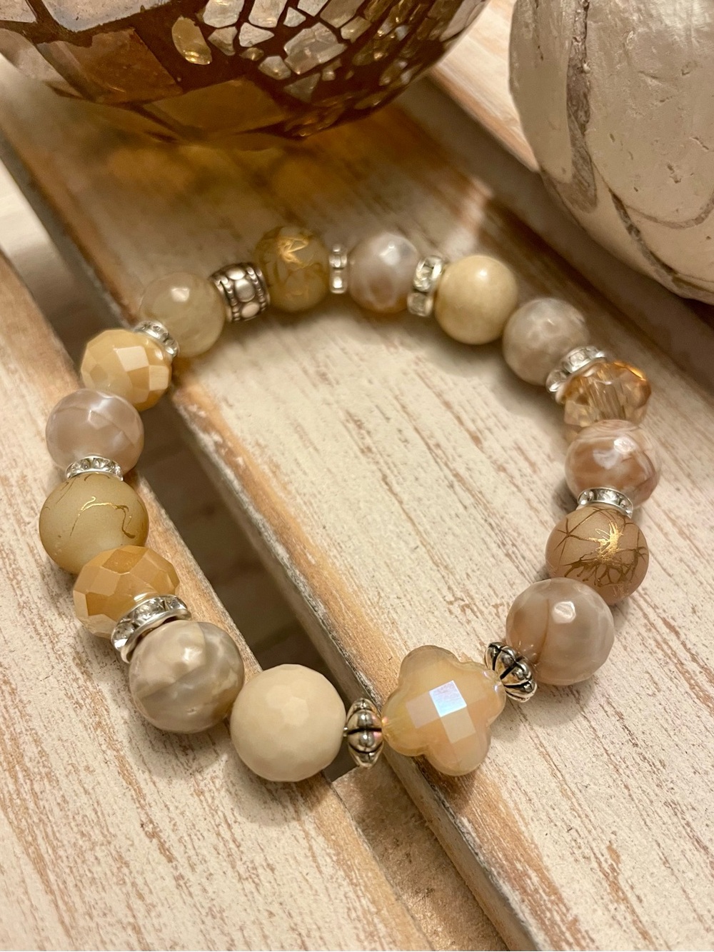 Taupe Faceted Agate Bracelet with Crystal and Silver accents 10mm, stretch